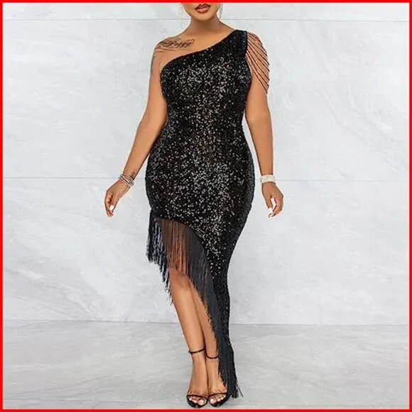 Sequin Mermaid Formal Dress One Shoulder Tassels Polyester Spandex Midi - Picture 3 of 7